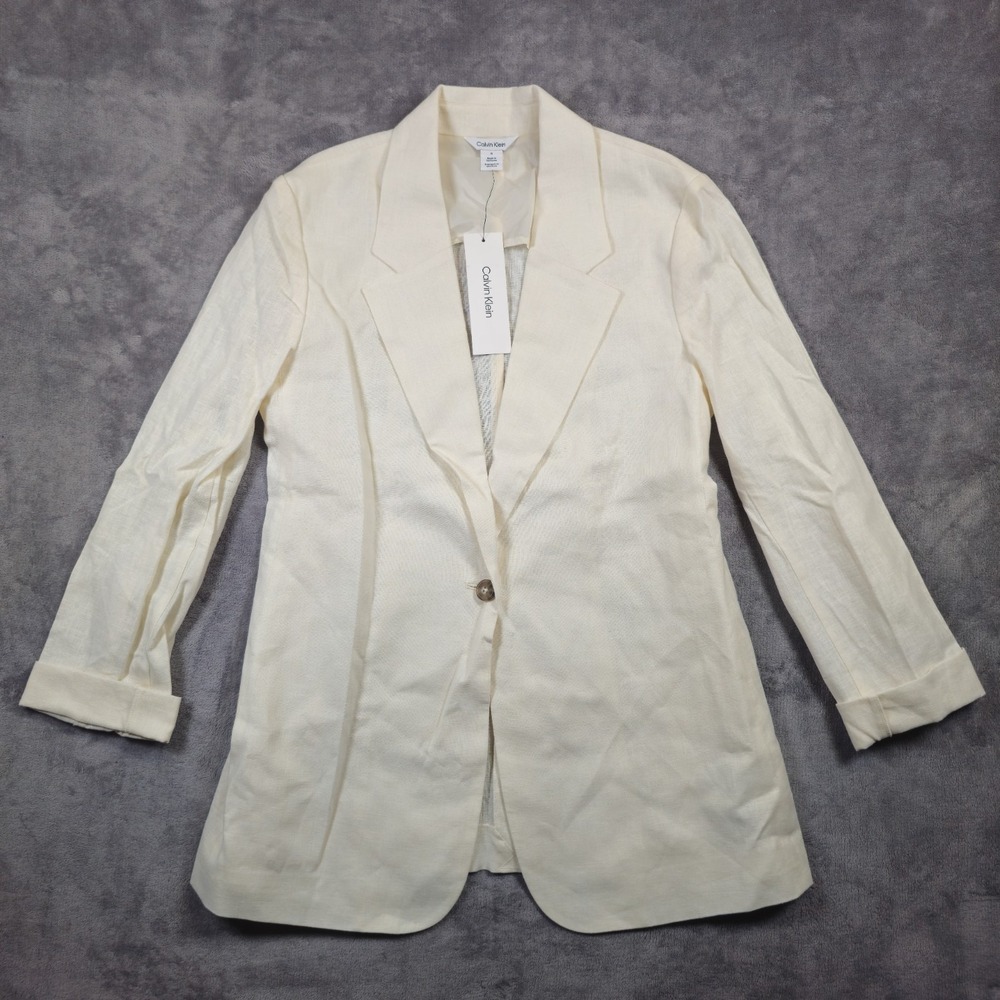 Calvin Klein Women's Antique White Linen Blazer One-Button  Lined 8 New With Tag
